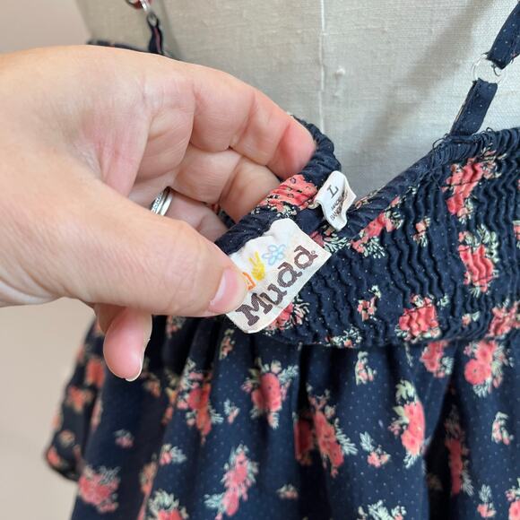 Y2K Mudd Spaghetti Strap Blue Floral Top Smocked Babydoll Size L - Picture 5 of 8